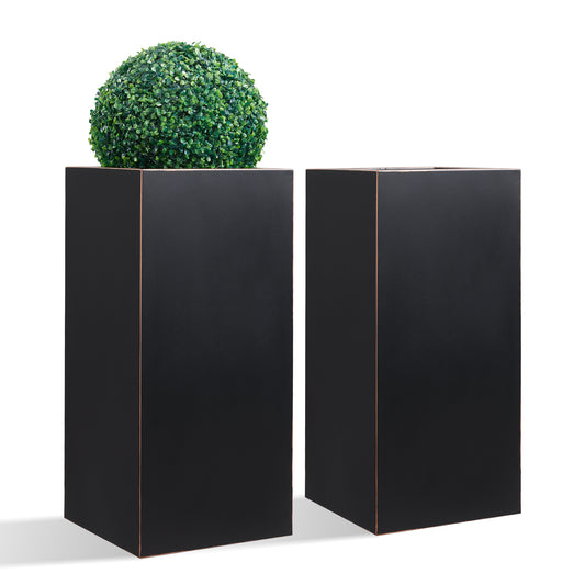 Metal Tall Planter Box 14Lx14Wx30H inch, 25 Pounds, Black with Gold Rim, Set of 2 for Front Porch