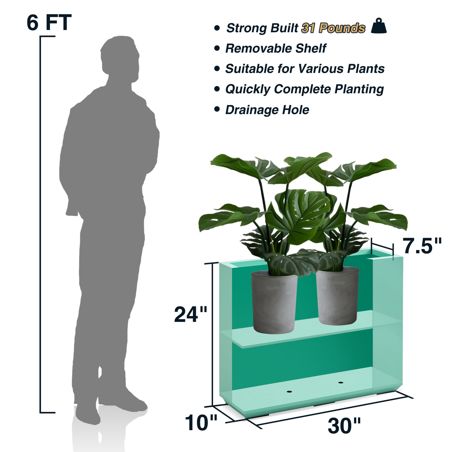 Metal Divider Planter Box 30Lx10Wx24H inch 31Pounds, Aqua Blue