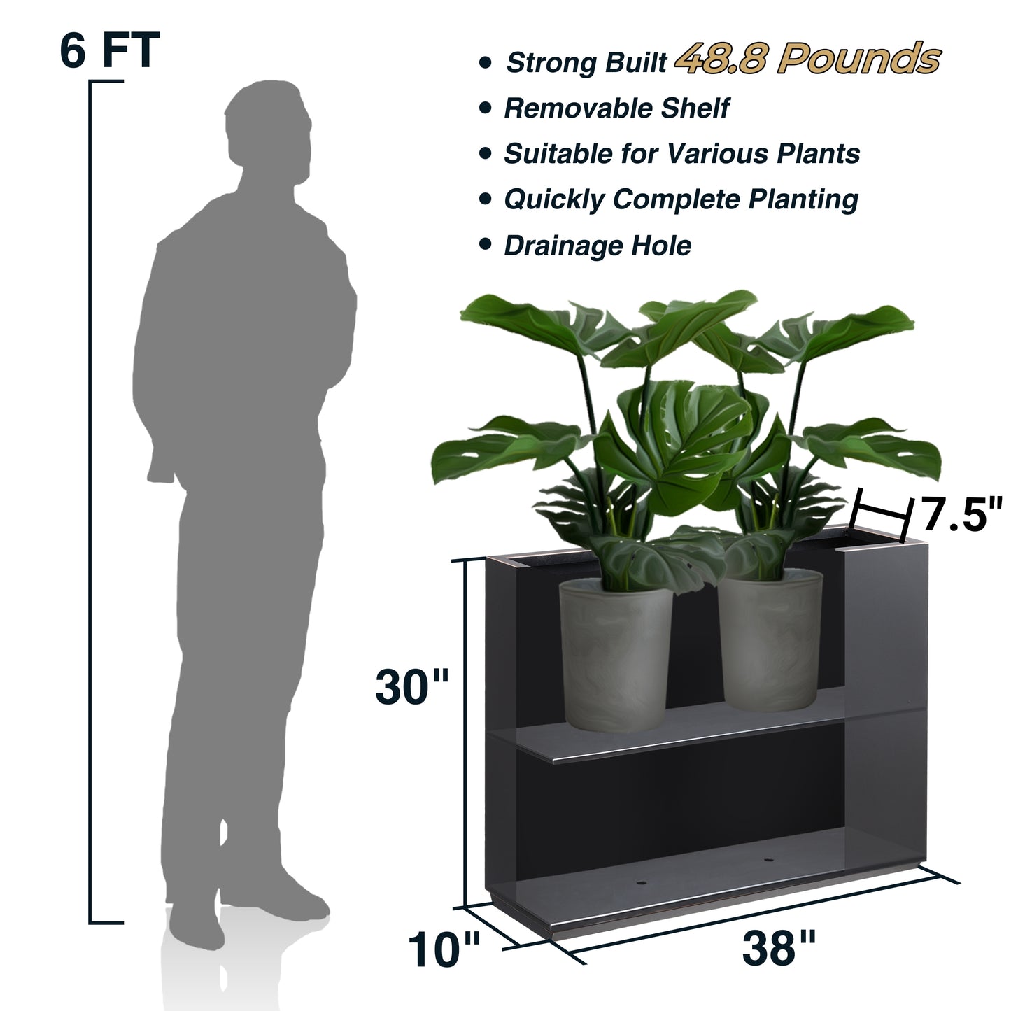 Metallic Heavy Outdoor Span Planter Box 38”Lx10”Wx30”H inch 48.8Pounds Gray