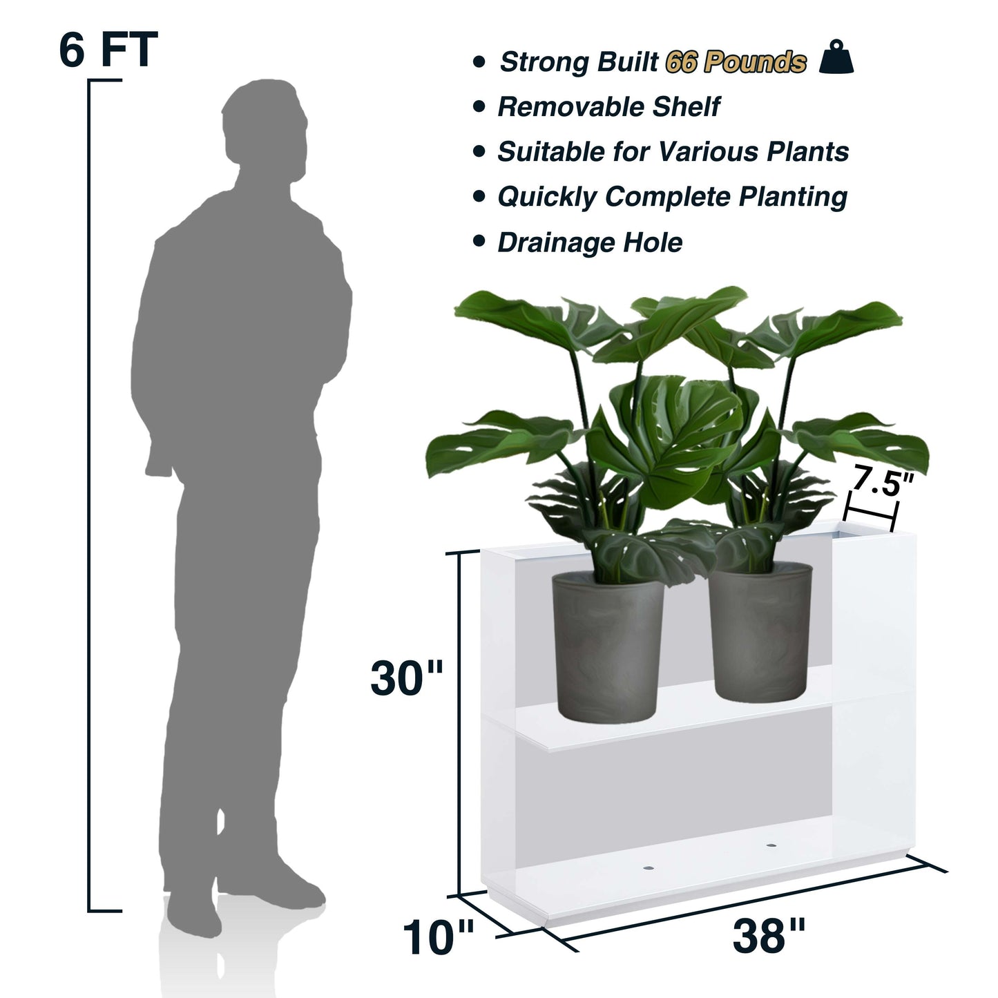 Metal Tall and Long Span Planter, Divider Planter, 38x10x30H White