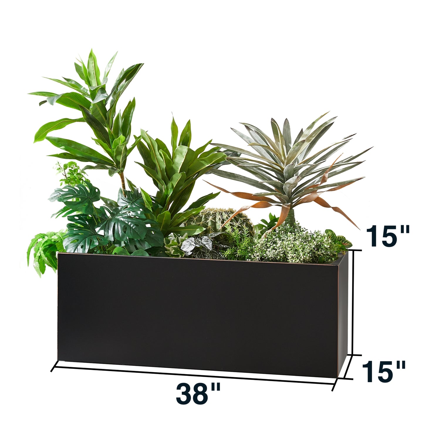Metal Long Rectangular Planter 38Lx15Wx15H 40Pounds Black with Gold Rim