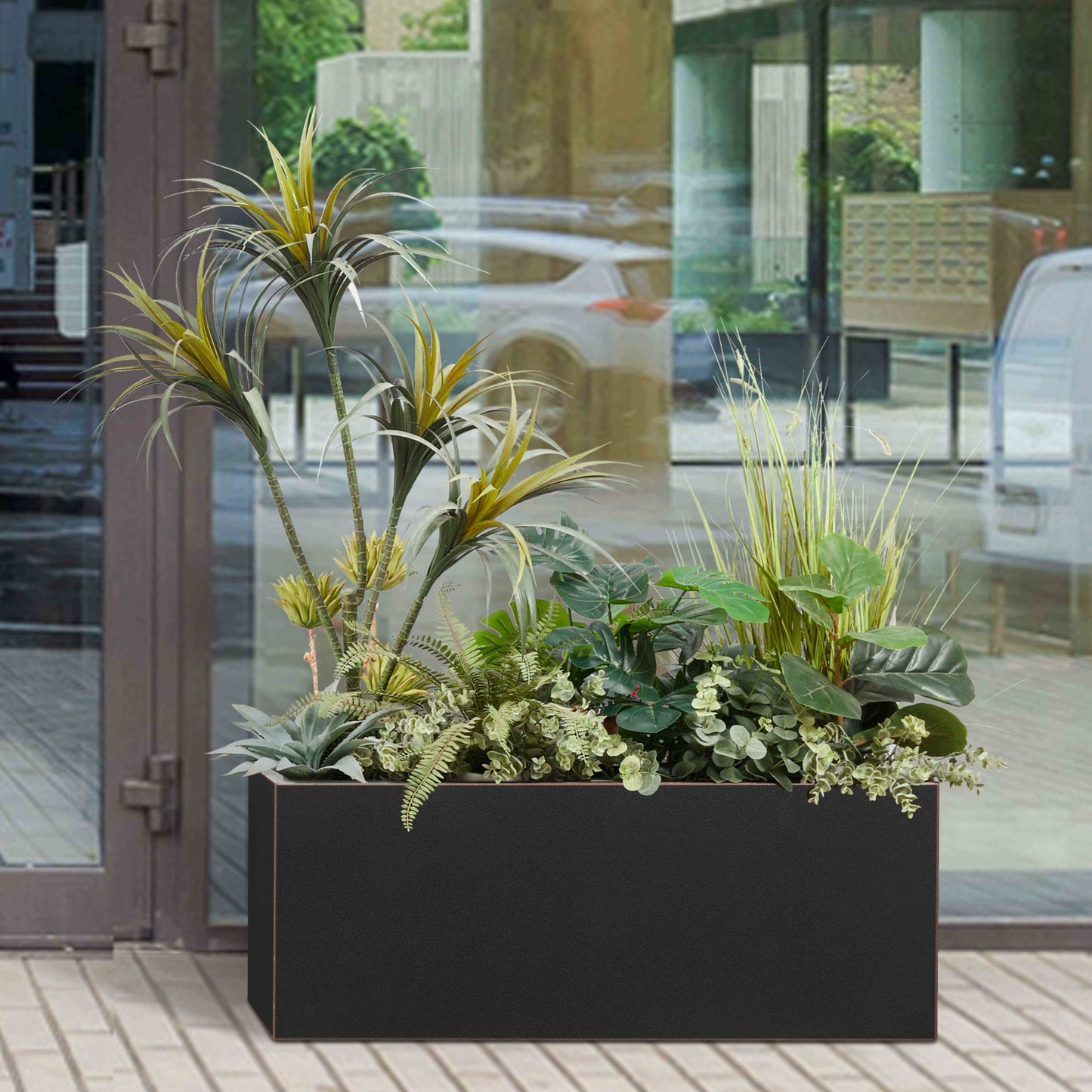 Metal Long Rectangular Planter 38Lx15Wx15H 40Pounds Black with Gold Rim