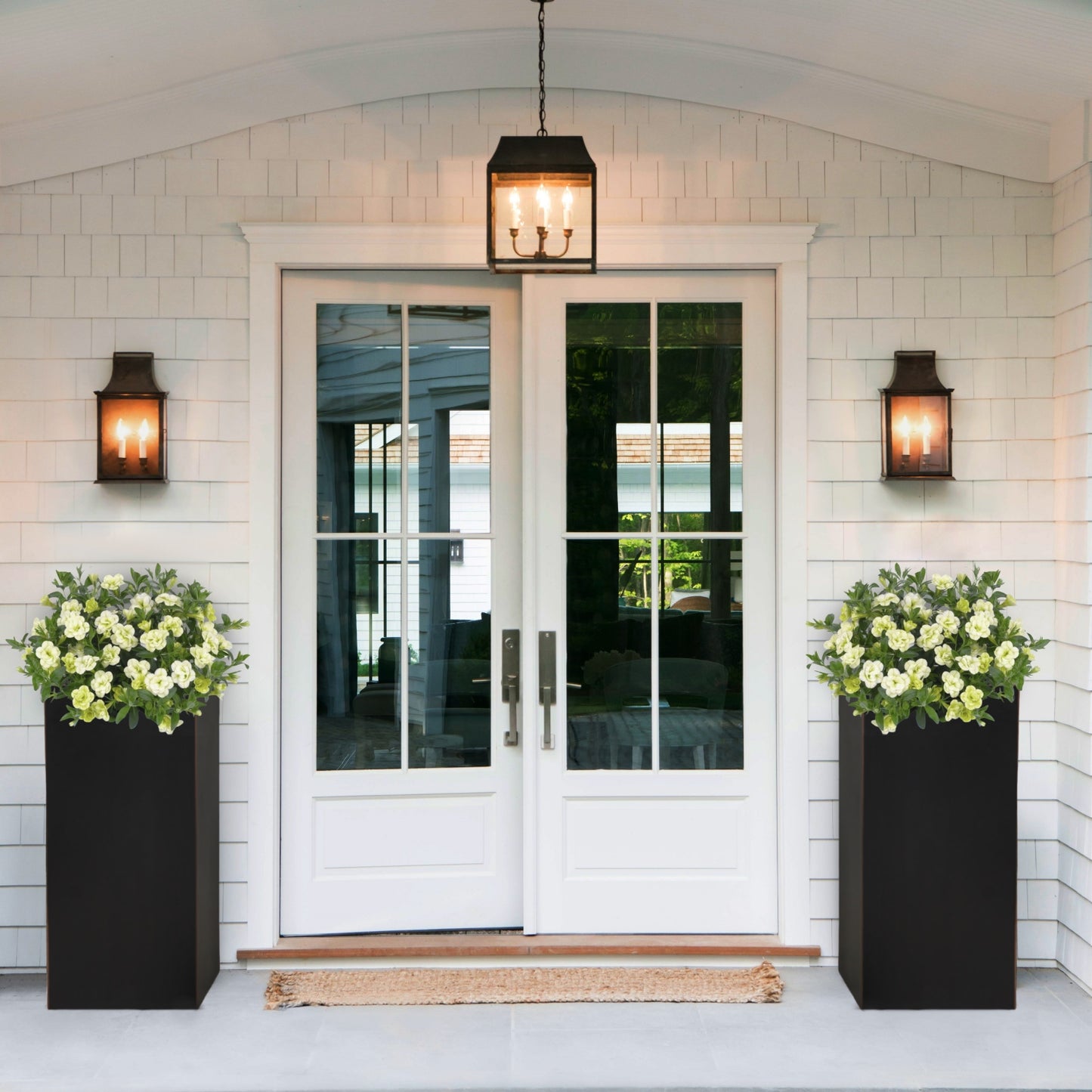 Metal Tall Planter Box 14Lx14Wx30H inch, 25 Pounds, Black with Gold Rim, Set of 2 for Front Porch