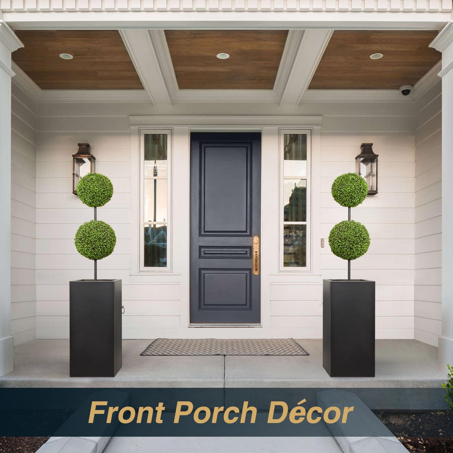 Metal Tall Planter Box 14Lx14Wx30H inch, 25 Pounds, Black with Gold Rim, Set of 2 for Front Porch
