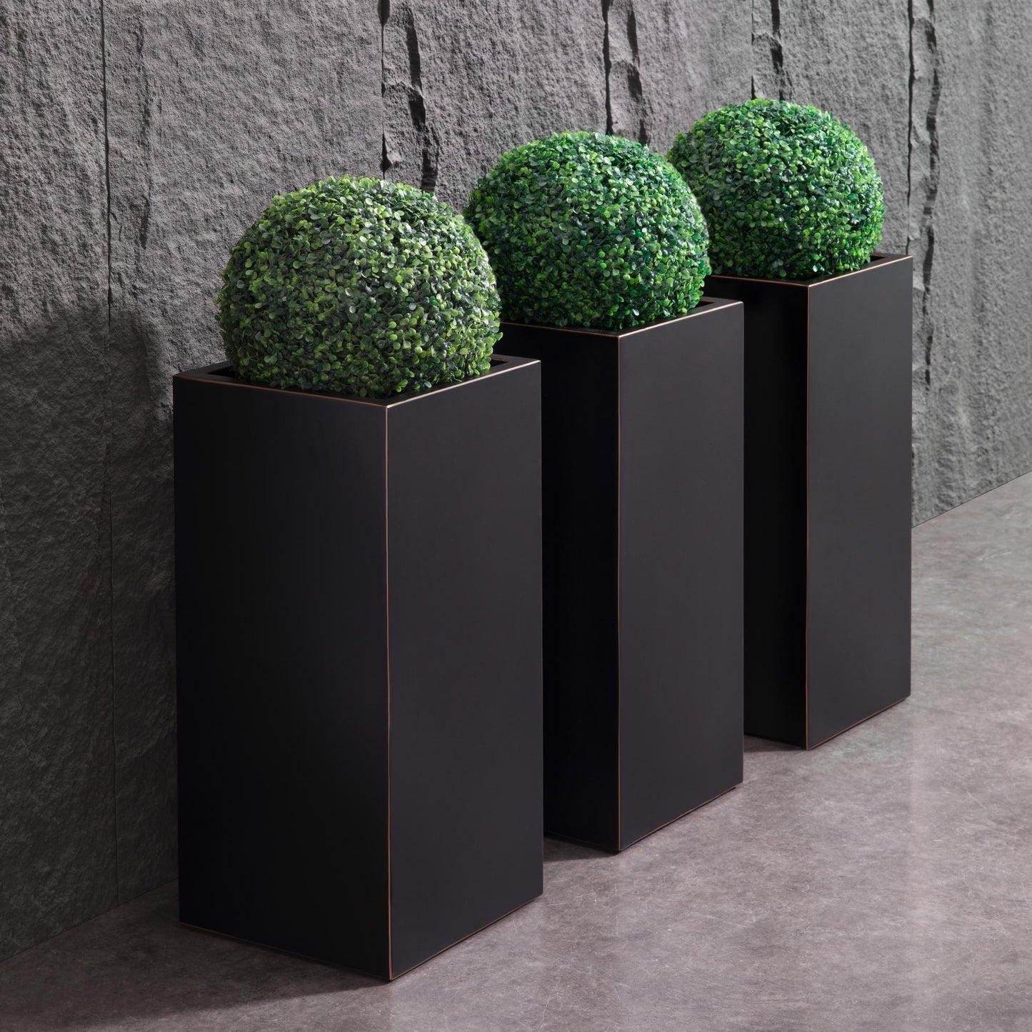 Metal Tall Planter Box 14Lx14Wx30H inch, 25 Pounds, Black with Gold Rim, Set of 2 for Front Porch
