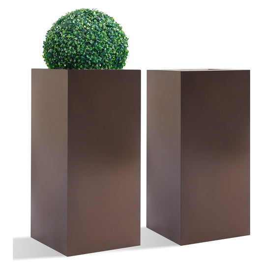 30"H Metal Tall Planter for Front Porch 14”Lx14”Wx30”H 25lbs/pcs Set of 2, Espresso