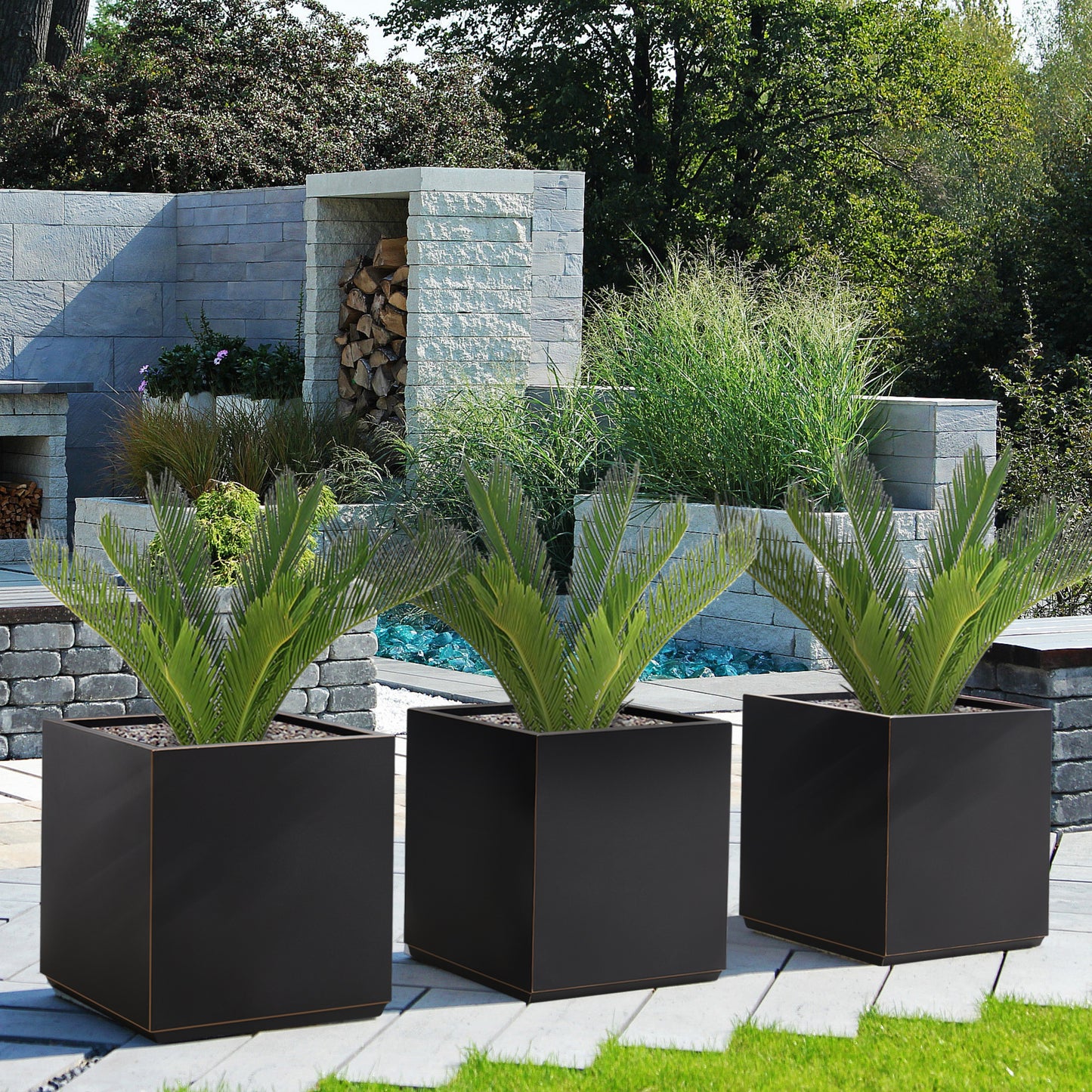 Metal Cube Planter Box 21Lx21Wx24H inch 35Pounds Black with Gold Rim