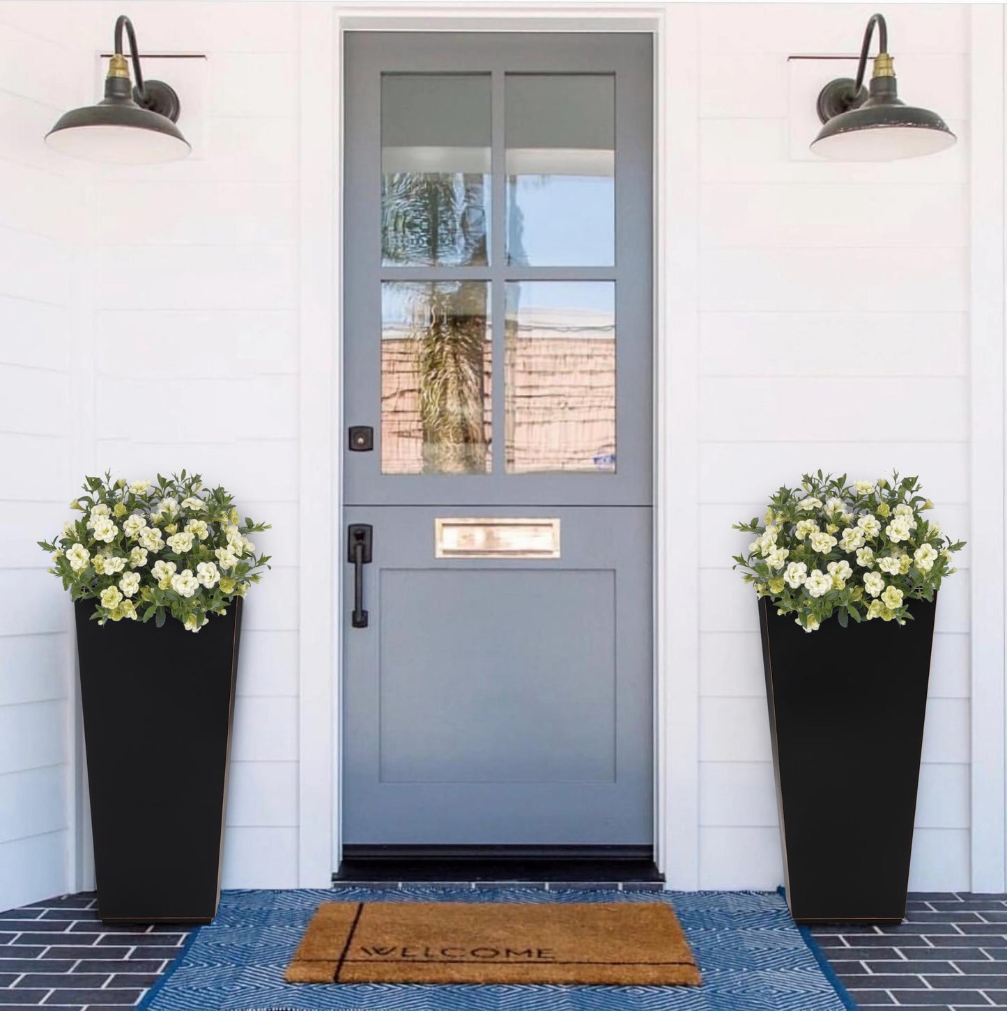 26"H Taper Planter for Front Porch, Patio, Deck, Garden Set of 2 Black with Copper Rim