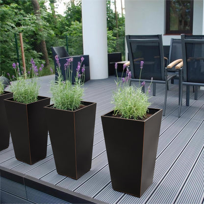 26"H Taper Planter for Front Porch, Patio, Deck, Garden Set of 2 Black with Copper Rim