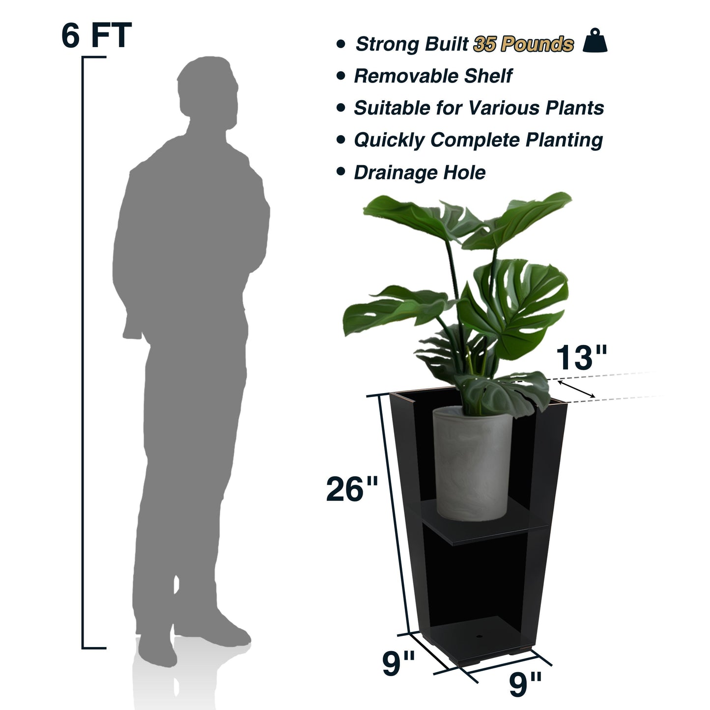 26"H Taper Planter for Front Porch, Patio, Deck, Garden Set of 2 Black with Copper Rim