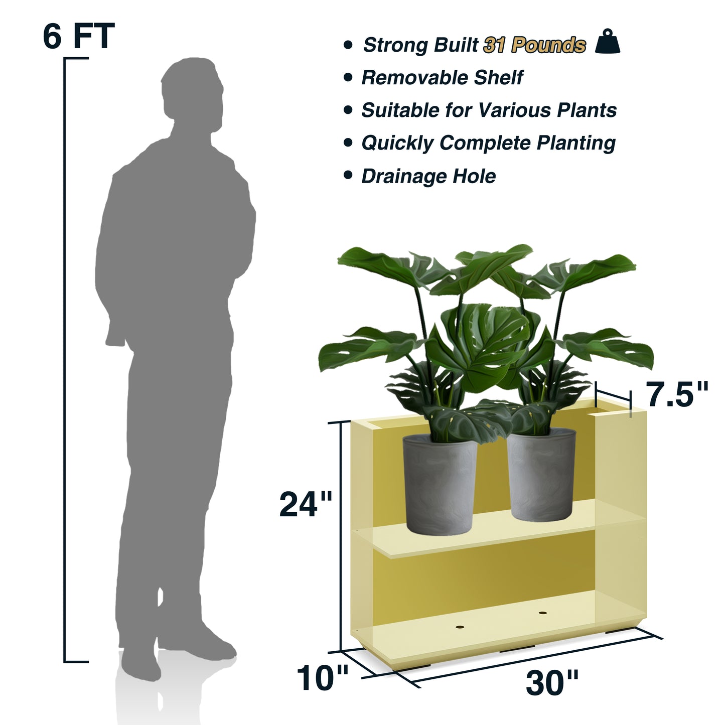 Large Metal Divider Planter Box 30Lx10Wx24H inch 31Pounds Bright Yellow