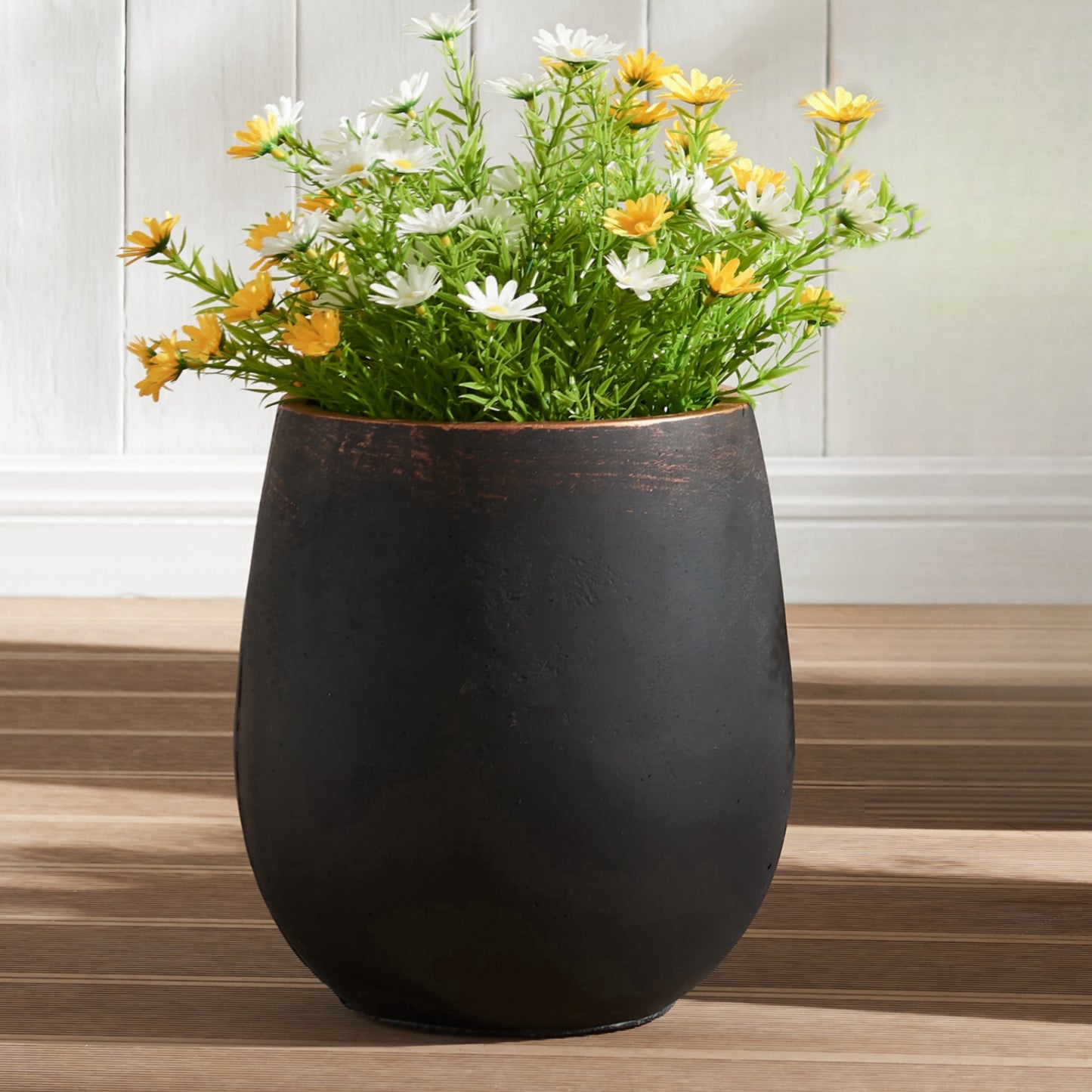 13.4" Dia x 15.5" H Concrete Planter, Outdoor Planter, Black with Gold Rim, Flower Pot with Drainage Hole and Silicone Plug, Plant Container for Garden, Patio, Home, Office, 1 Pack