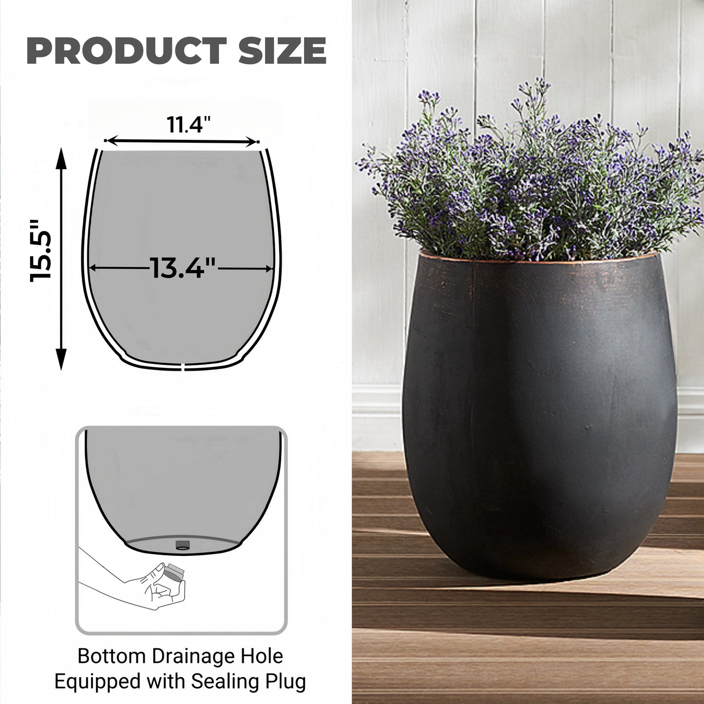 13.4" Dia x 15.5" H Concrete Planter, Outdoor Planter, Black with Gold Rim, Flower Pot with Drainage Hole and Silicone Plug, Plant Container for Garden, Patio, Home, Office, 1 Pack