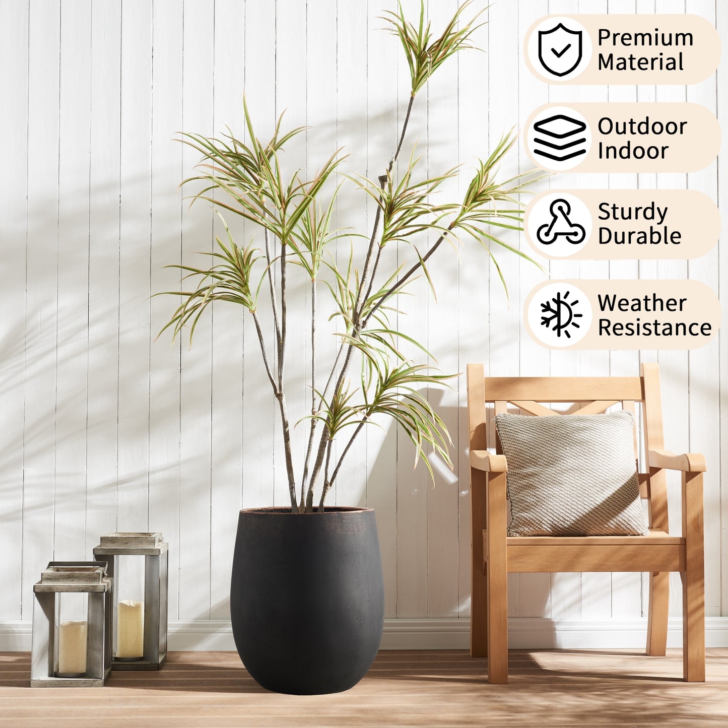 13.4" Dia x 15.5" H Concrete Planter, Outdoor Planter, Black with Gold Rim, Flower Pot with Drainage Hole and Silicone Plug, Plant Container for Garden, Patio, Home, Office, 1 Pack