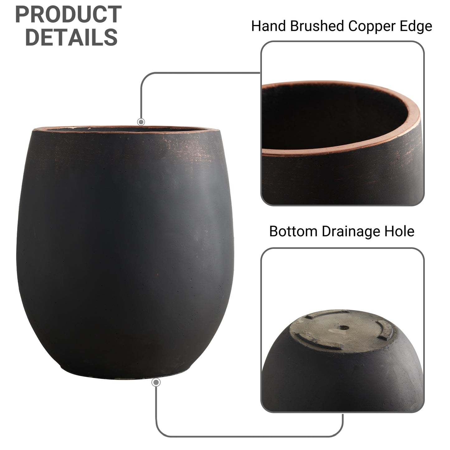 13.4" Dia x 15.5" H Concrete Planter, Outdoor Planter, Black with Gold Rim, Flower Pot with Drainage Hole and Silicone Plug, Plant Container for Garden, Patio, Home, Office, 1 Pack