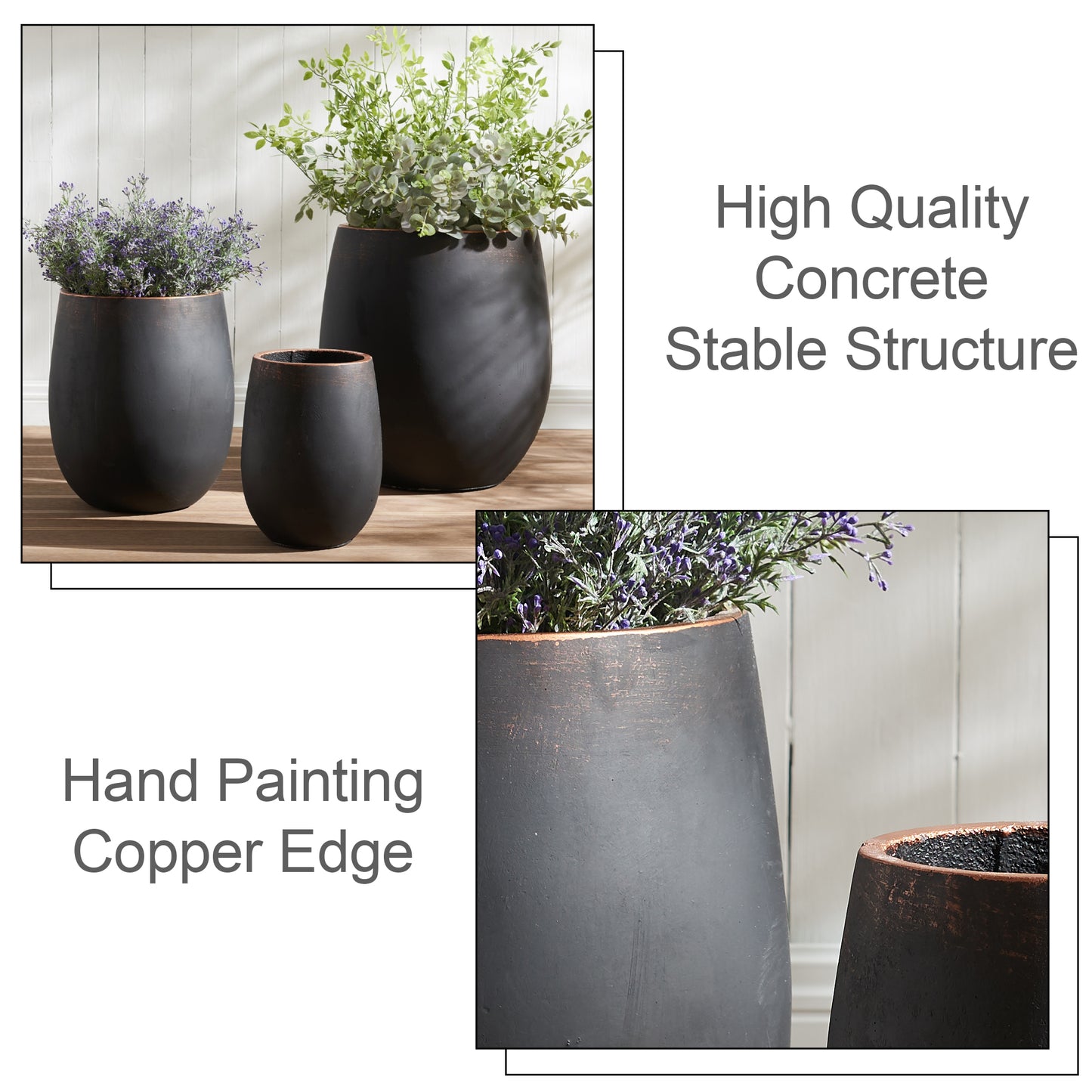 13.4" Dia x 15.5" H Concrete Planter, Outdoor Planter, Black with Gold Rim, Flower Pot with Drainage Hole and Silicone Plug, Plant Container for Garden, Patio, Home, Office, 1 Pack
