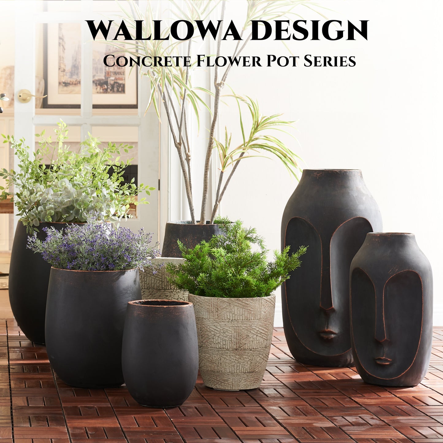 13.4" Dia x 15.5" H Concrete Planter, Outdoor Planter, Black with Gold Rim, Flower Pot with Drainage Hole and Silicone Plug, Plant Container for Garden, Patio, Home, Office, 1 Pack