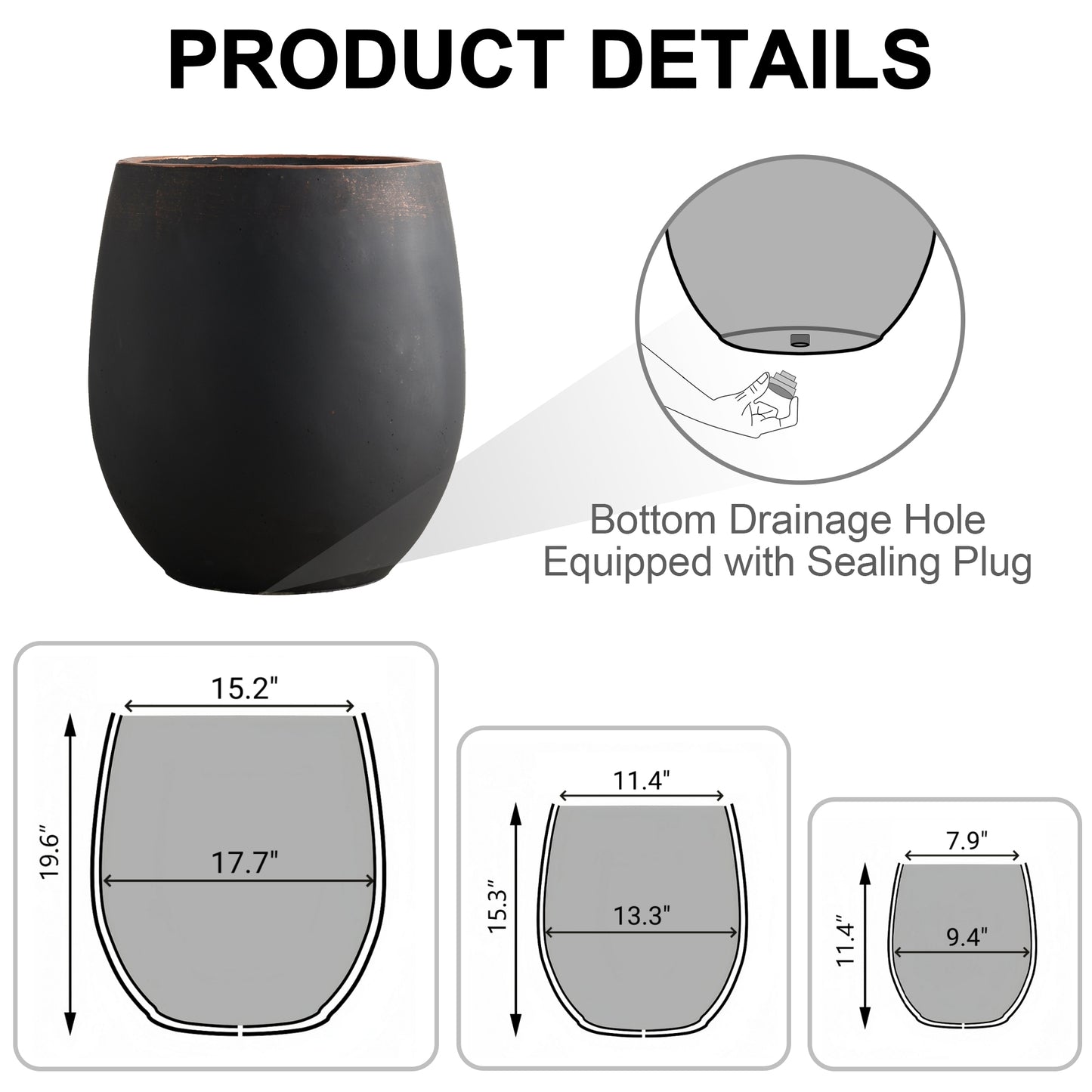 17.7"+13.4"+9.5" Round Concrete Planter Set of 3, Large Outdoor Planter, Black with Gold Rim