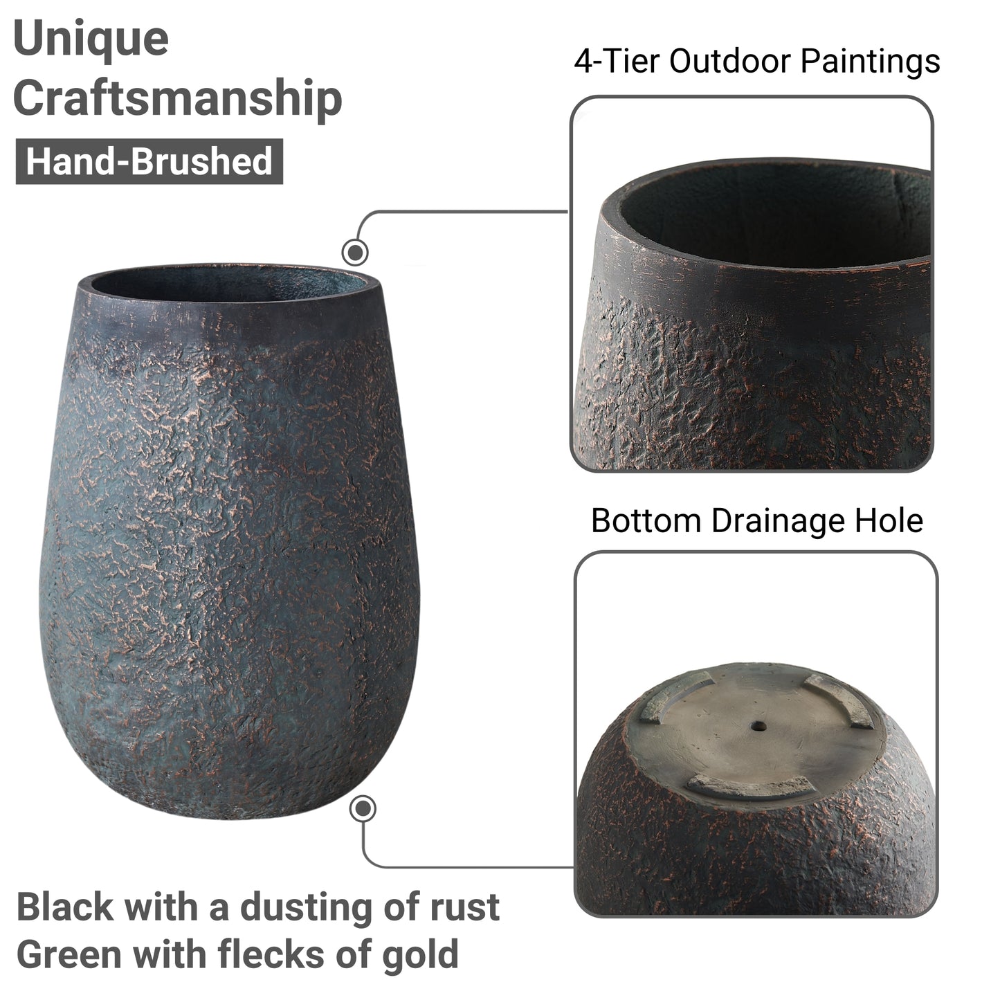 20" H Weathered Concrete Tall Planter, Black Large Outdoor Indoor Decorative Flower Pot with Drainage Hole Bronze Rust