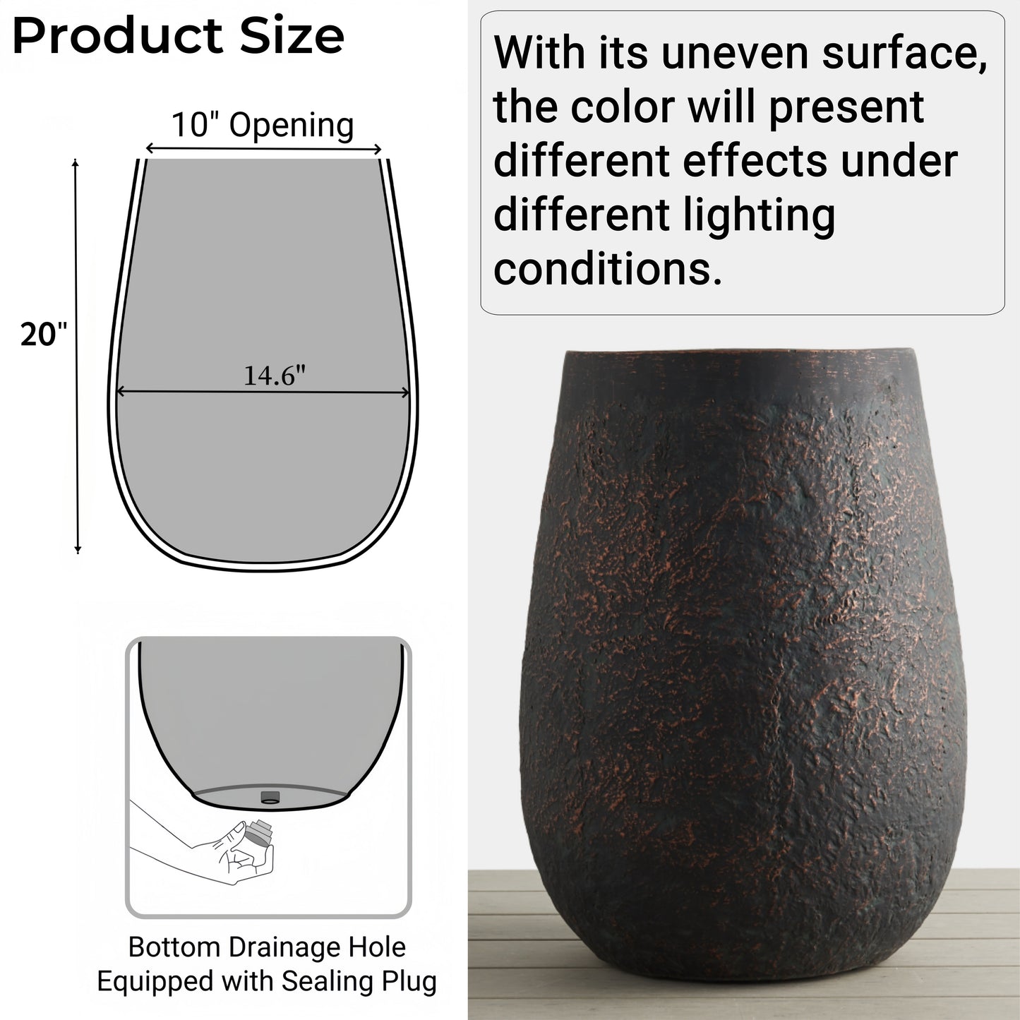 20" H Weathered Concrete Tall Planter, Black Large Outdoor Indoor Decorative Flower Pot with Drainage Hole Bronze Rust