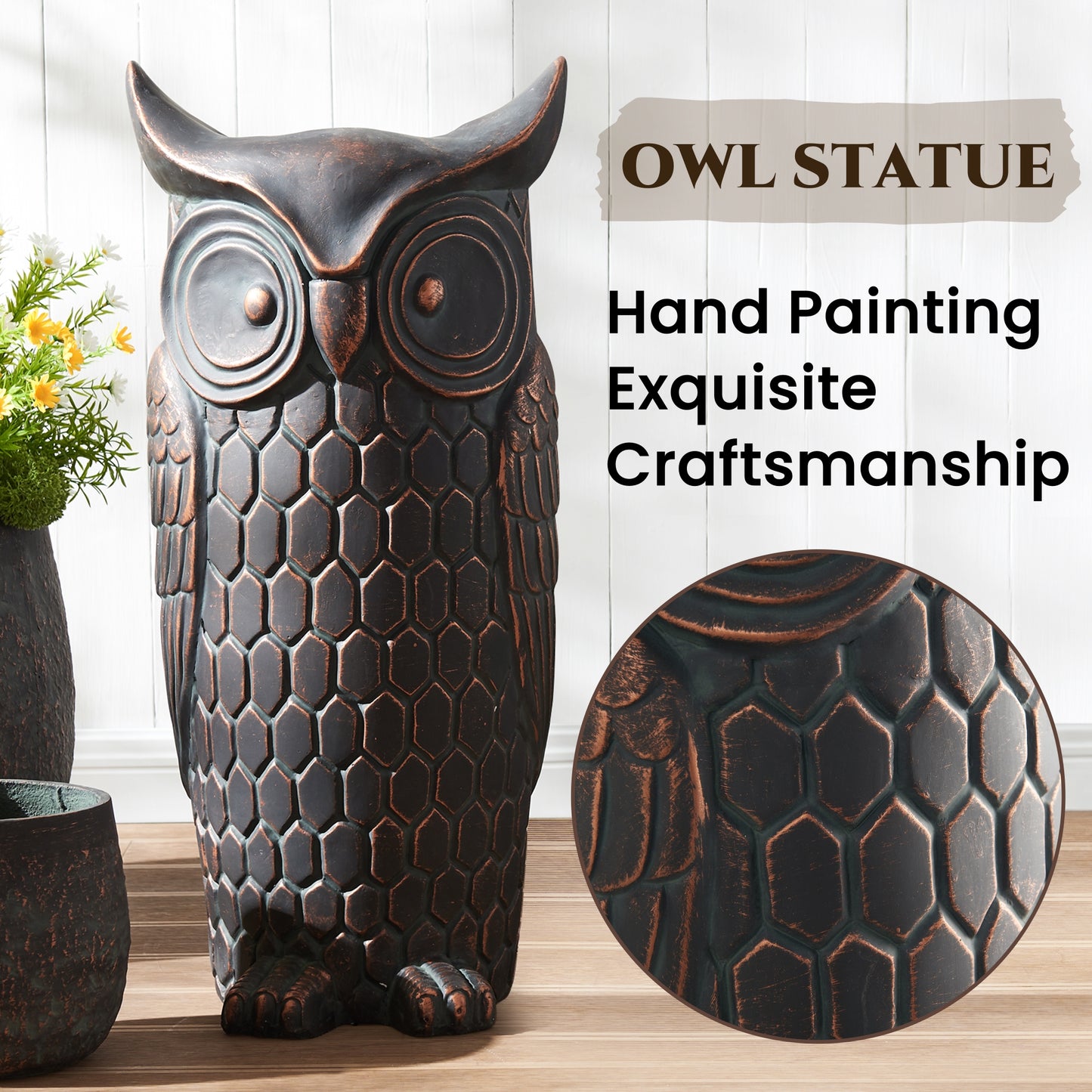 40 inches Tall Garden Sculpture, Faux Stone Owl Sculpture, Large Standing Sculpture for Home, Porch, Garden, Backyard, Bronze