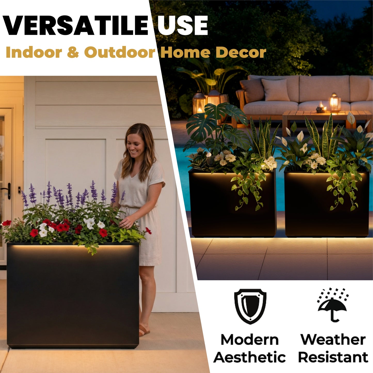 Metal Divider Planter Box 38Lx10Wx30H with Two LED Light Strips, Large Outdoor Planters, Black