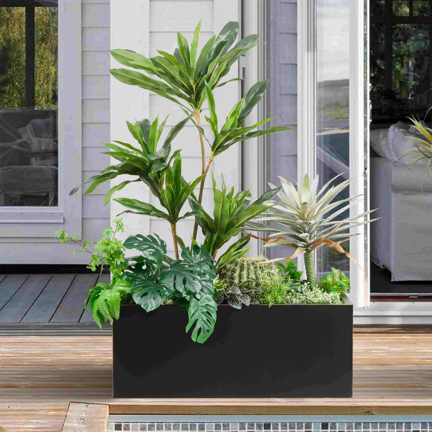 Metal Long Rectangular Planter 38Lx15Wx15H 40Pounds Black with Gold Rim