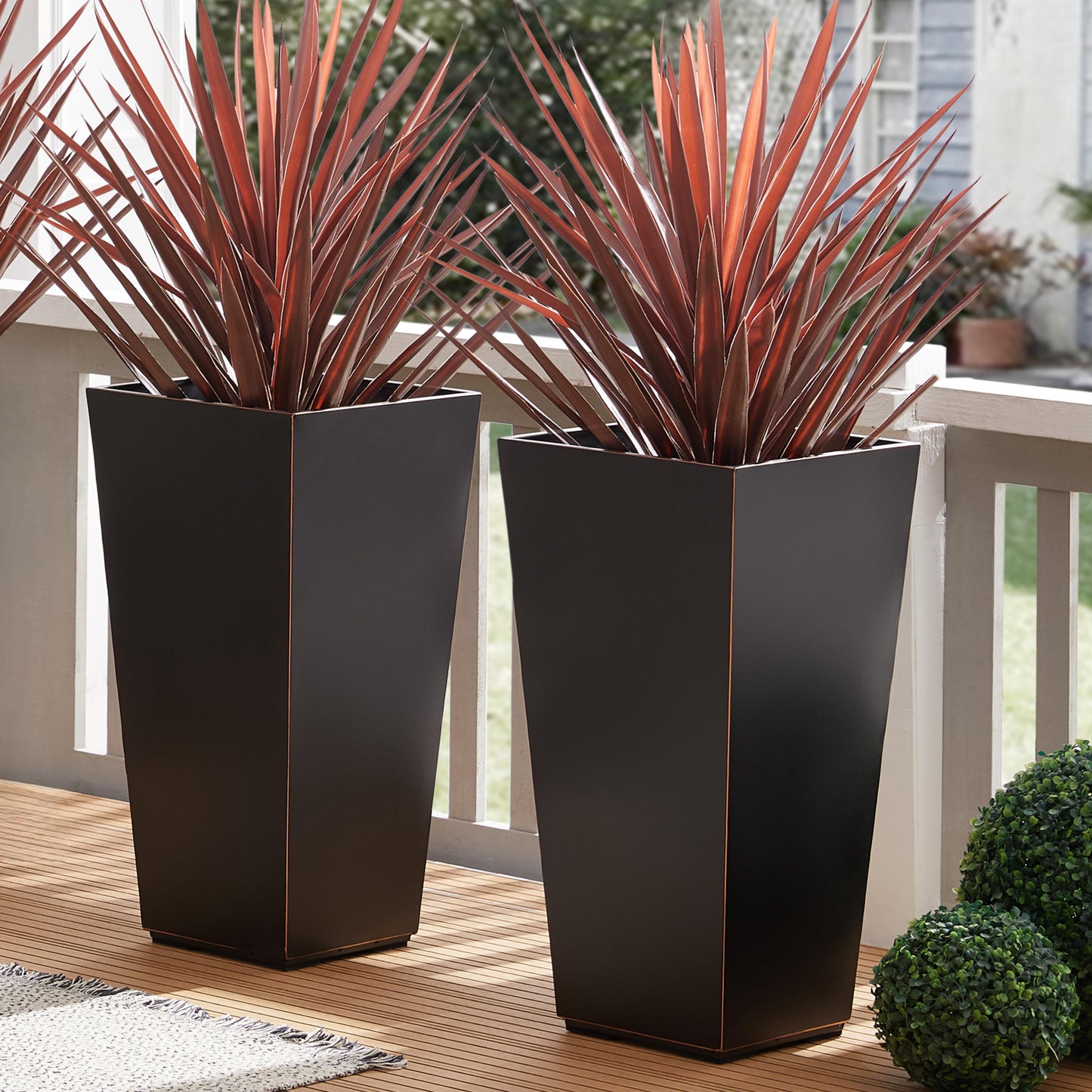 26"H Taper Planter for Front Porch, Patio, Deck, Garden Set of 2 Black with Copper Rim