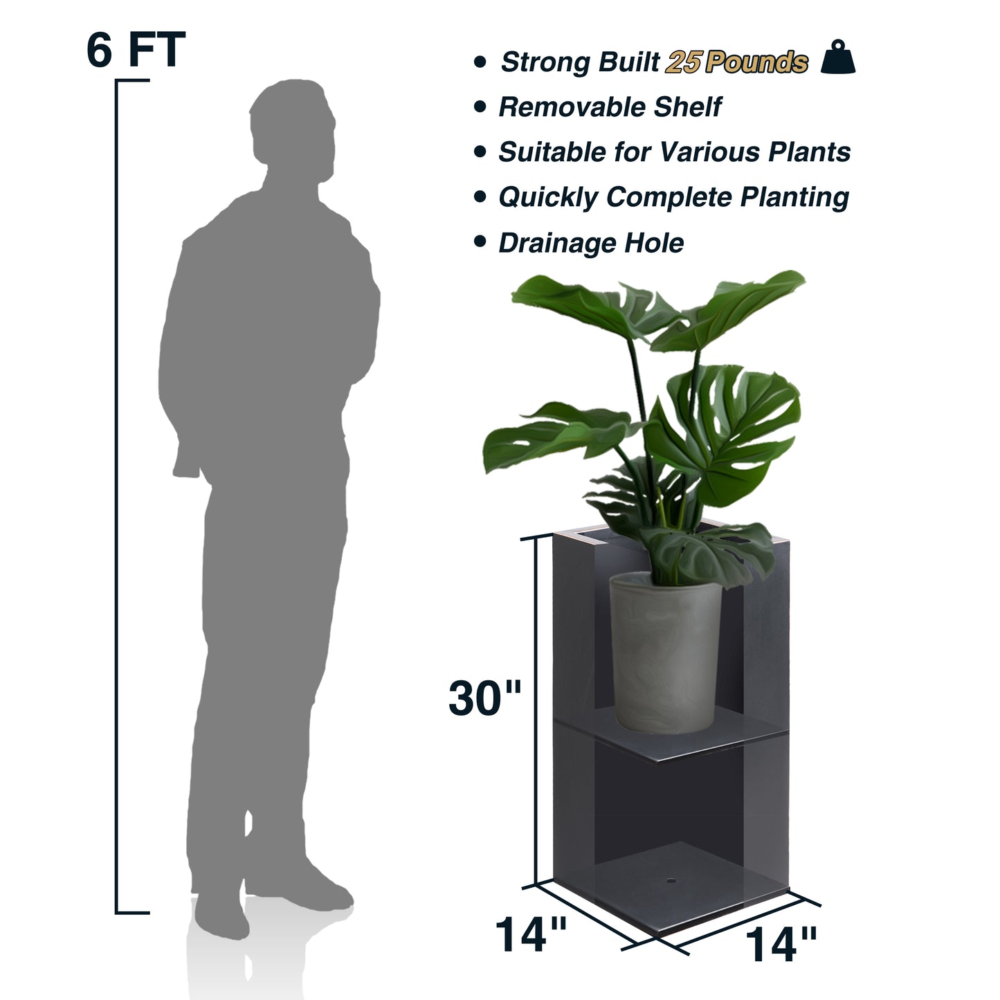 Metallic Heavy Tall Outdoor Planter Box 14Lx14Wx30H inch 25Pounds Set of 2 Dark Gray