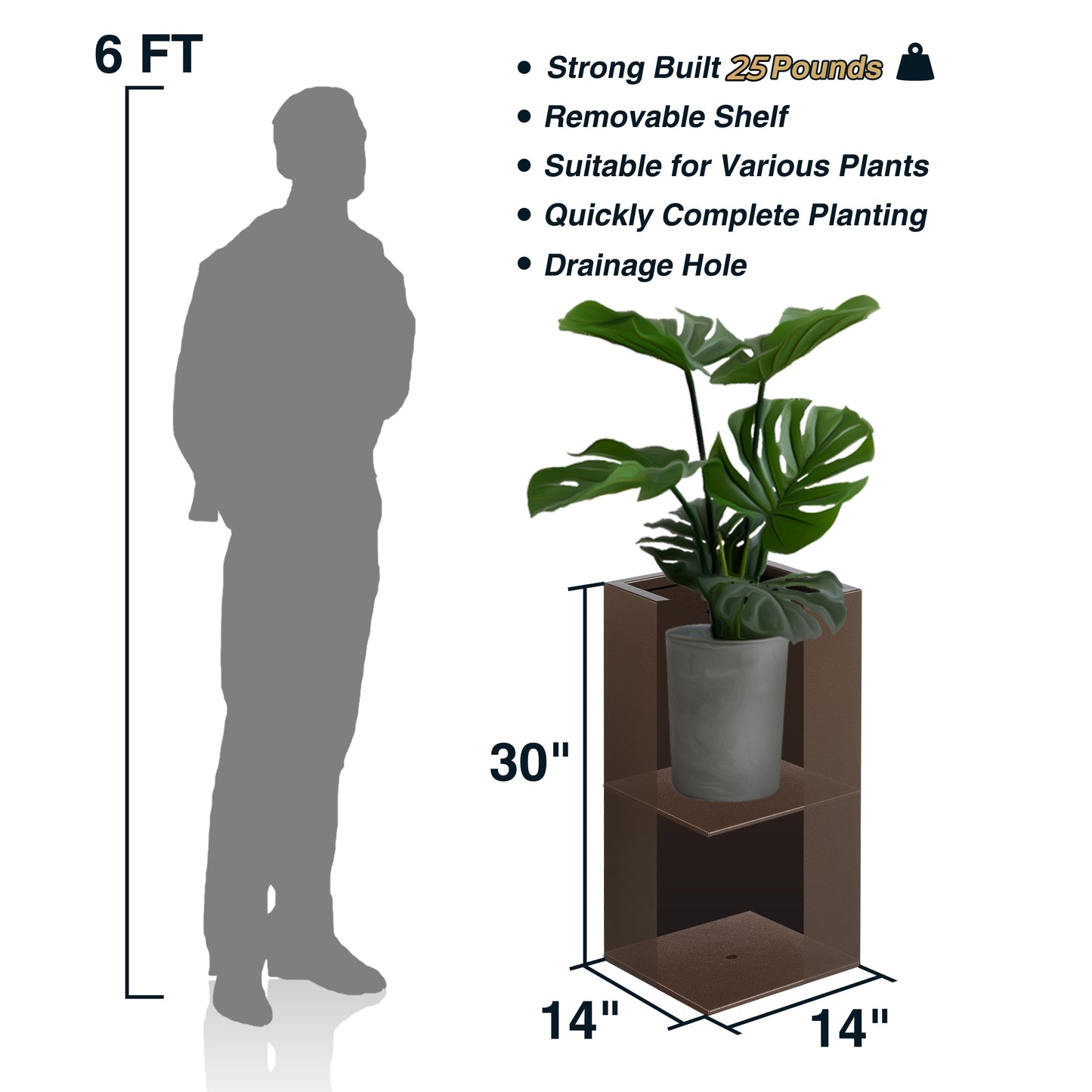 30"H Metal Tall Planter for Front Porch 14”Lx14”Wx30”H 25lbs/pcs Set of 2, Espresso