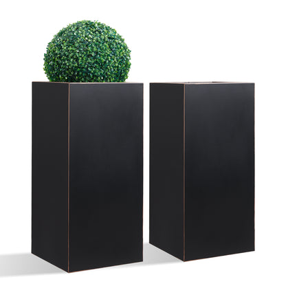 Metal Tall Planter Box 14Lx14Wx30H inch 80Pounds Black Set of 2 for Front Porch