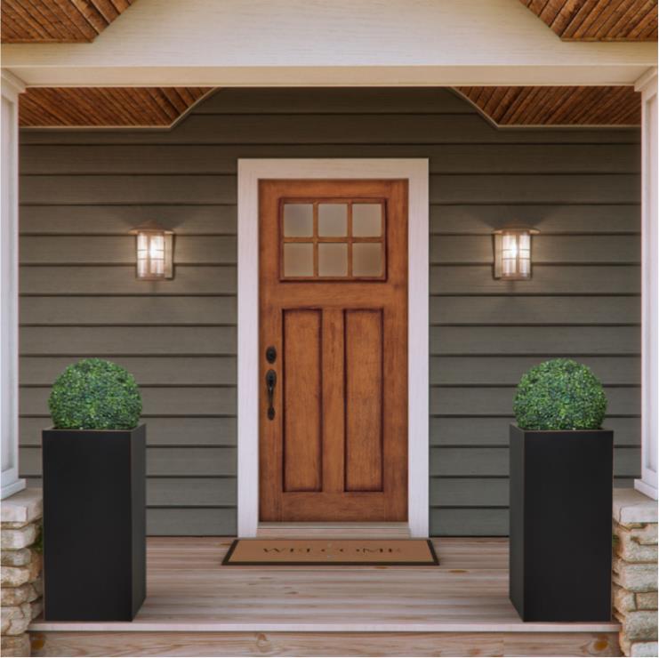 planter boxes for front of house Metal Tall Planter Box 14Lx14Wx30H inch, 25 Pounds, Black with Gold Rim, Set of 2 for Front Porch