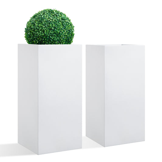 Metal Tall Rectangular Outdoor Planter 14x14x30H White Set of 2