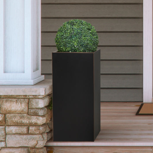Metal Tall Outdoor Planter 30Hx14Lx14W inch 35Pounds Black with Gold Rim