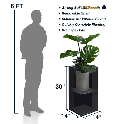 Metal Tall Planter Box 14Lx14Wx30H inch, 25 Pounds, Black with Gold Rim, Set of 2 for Front Porch
