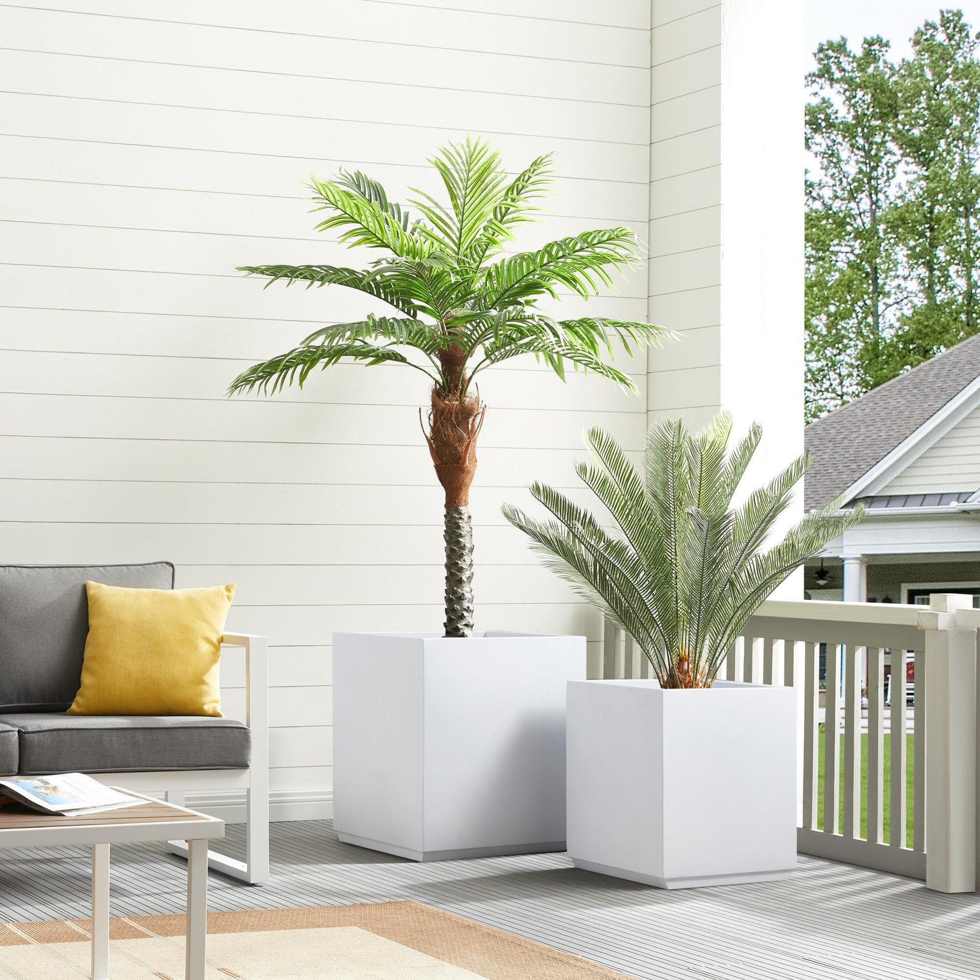 palm tree in planter box Metal Large Cube Planter Box for Tree 21x21x24H White 43Pounds – Wallowa Design