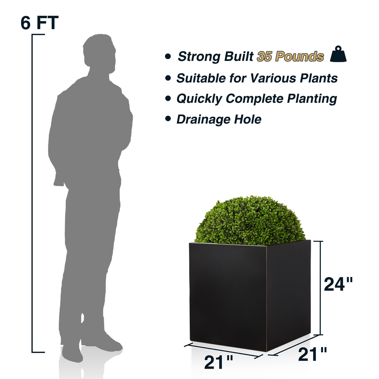 Metal Cube Planter Box 21Lx21Wx24H inch 35Pounds Black with Gold Rim