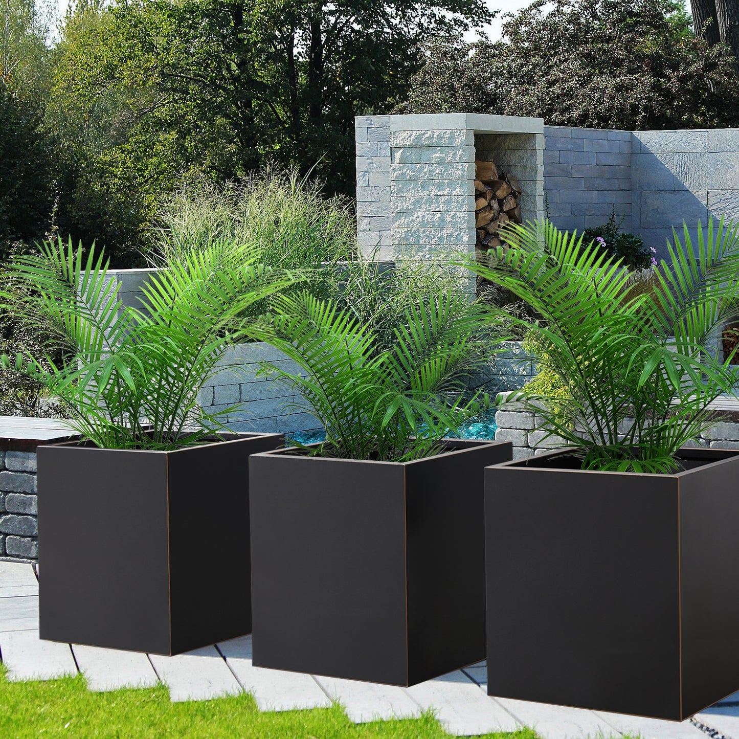 Metal Cube Planter Box 21Lx21Wx24H inch 35Pounds Black with Gold Rim