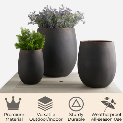 17.7"+13.4"+9.5" Round Concrete Planter Set of 3, Large Outdoor Planter, Black with Gold Rim