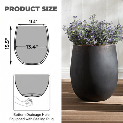 13.4" Dia x 15.5" H Concrete Planter, Outdoor Planter, Black with Gold Rim, Flower Pot with Drainage Hole and Silicone Plug, Plant Container for Garden, Patio, Home, Office, 1 Pack