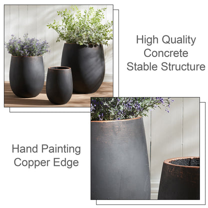 13.4" Dia x 15.5" H Concrete Planter, Outdoor Planter, Black with Gold Rim, Flower Pot with Drainage Hole and Silicone Plug, Plant Container for Garden, Patio, Home, Office, 1 Pack