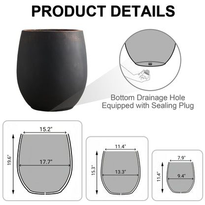 17.7"+13.4"+9.5" Round Concrete Planter Set of 3, Large Outdoor Planter, Black with Gold Rim
