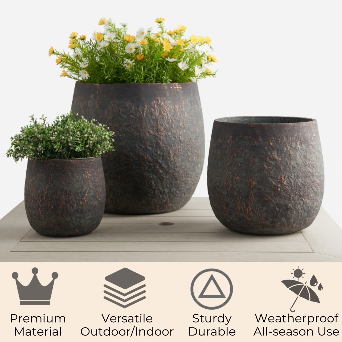 17.7"+13"+9.1" Diameter Round Weathered Concrete Planter set of 3 Bronze Rust