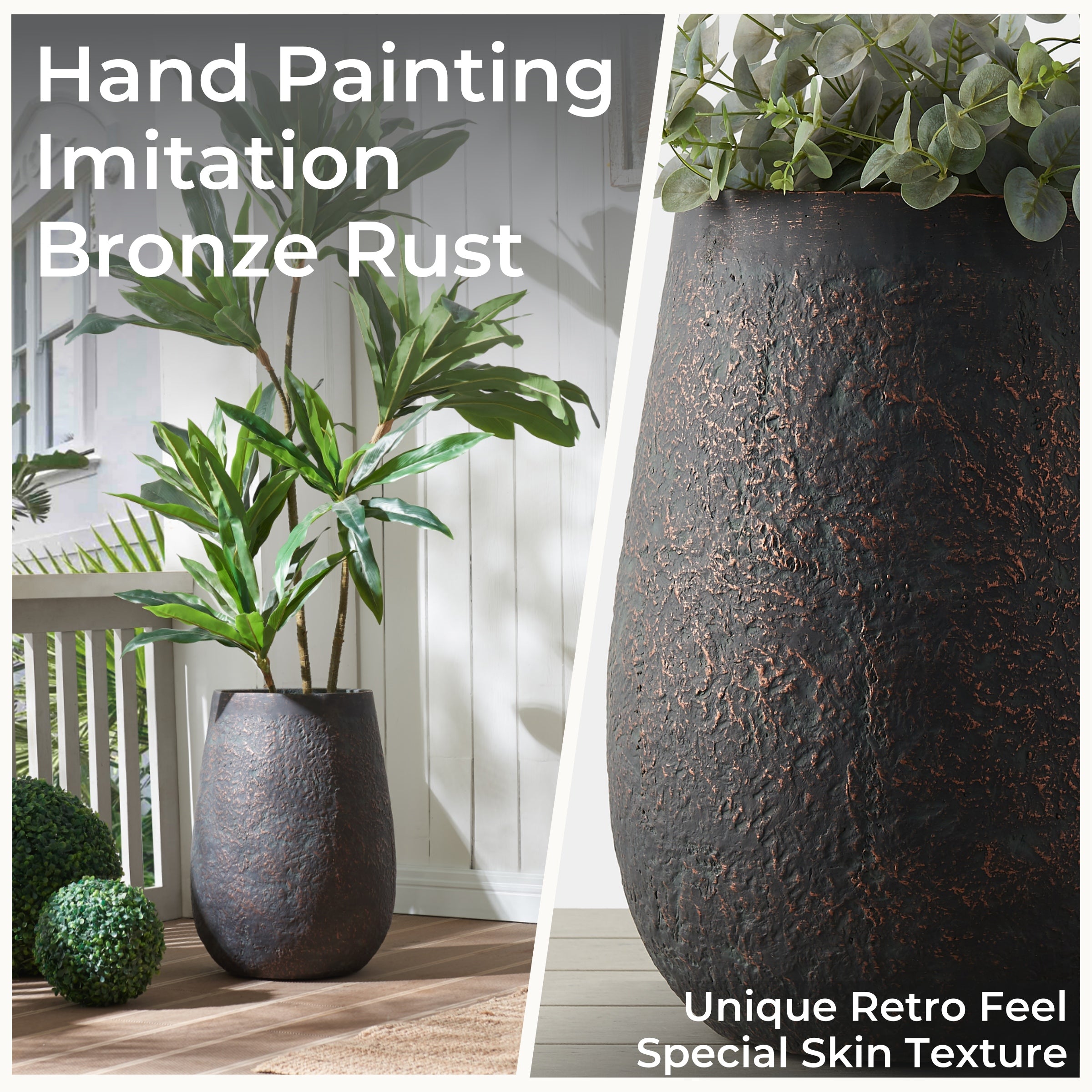 bronze indoor plant pot 20" H Weathered Concrete Tall Planter, Black Large Outdoor Indoor Decorative Flower Pot with Drainage Hole Bronze Rust