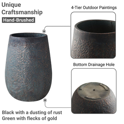 20" H Weathered Concrete Tall Planter, Black Large Outdoor Indoor Decorative Flower Pot with Drainage Hole Bronze Rust