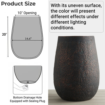 20" H Weathered Concrete Tall Planter, Black Large Outdoor Indoor Decorative Flower Pot with Drainage Hole Bronze Rust