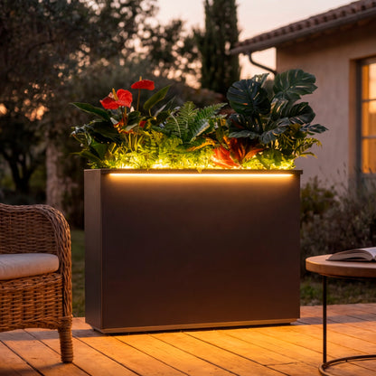 Metal Divider Planter Box 38Lx10Wx30H with Two LED Light Strips, Large Outdoor Planters, Black