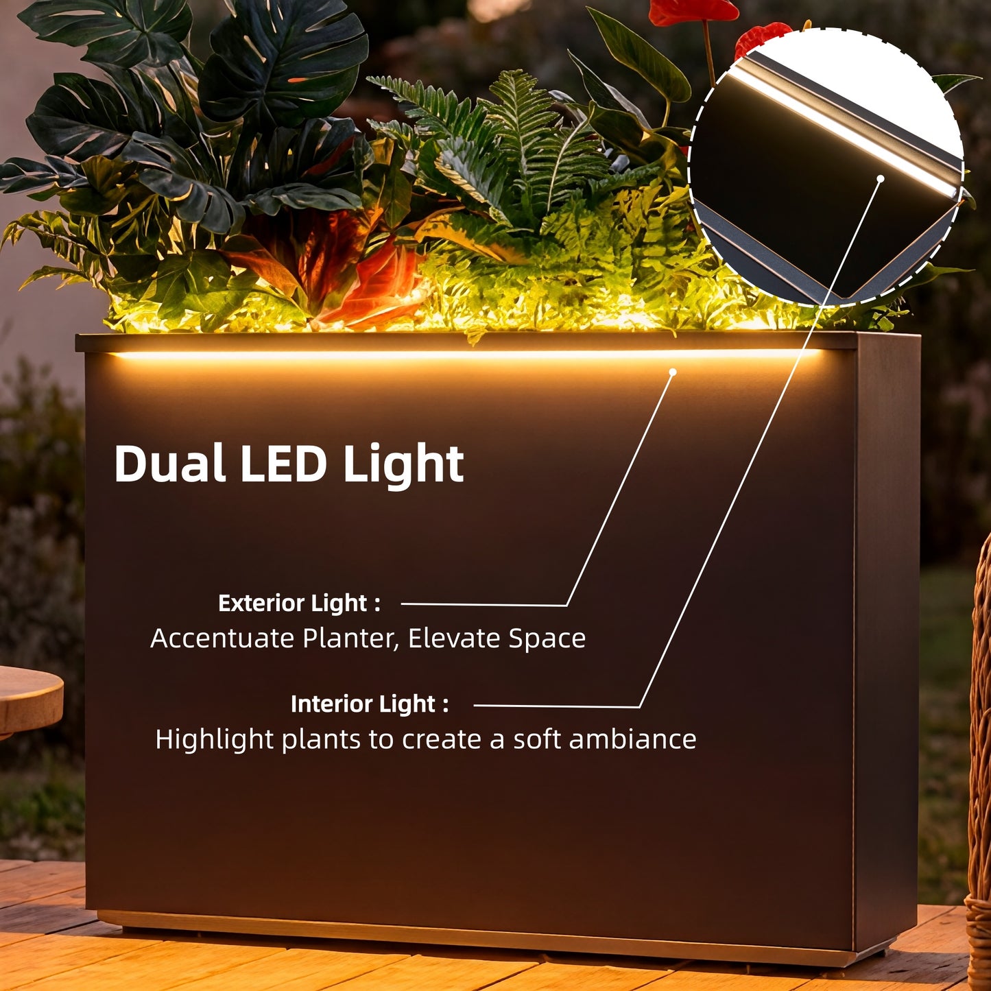 Metal Divider Planter Box 38Lx10Wx30H with Two LED Light Strips, Large Outdoor Planters, Black