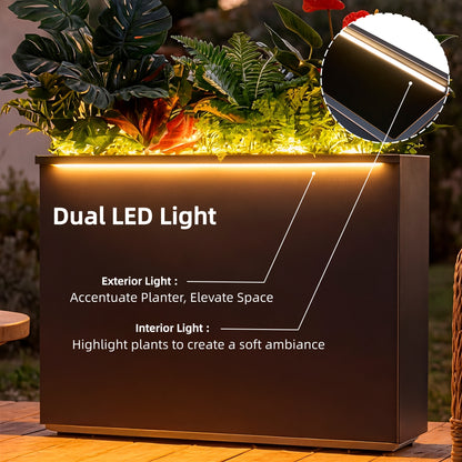 Metal Divider Planter Box 38Lx10Wx30H with Two LED Light Strips, Large Outdoor Planters, Black