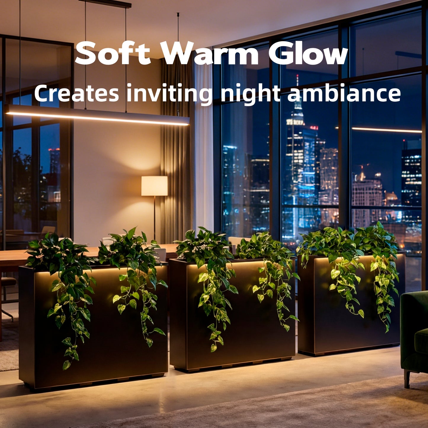 Metal Divider Planter Box 38Lx10Wx30H with Two LED Light Strips, Large Outdoor Planters, Black